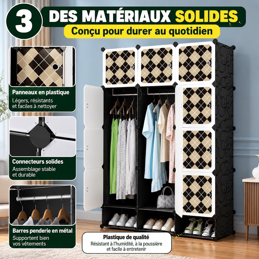 Armoire de Rangement Modulable 12 Cubes avec Porte-Chaussures — 2 Penderies, 12 Casiers et 3 Casiers à Chaussures - photo 3
