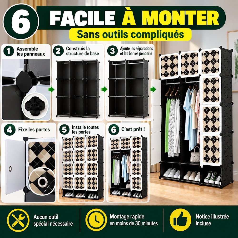 Armoire de Rangement Modulable 12 Cubes avec Porte-Chaussures — 2 Penderies, 12 Casiers et 3 Casiers à Chaussures - photo 4