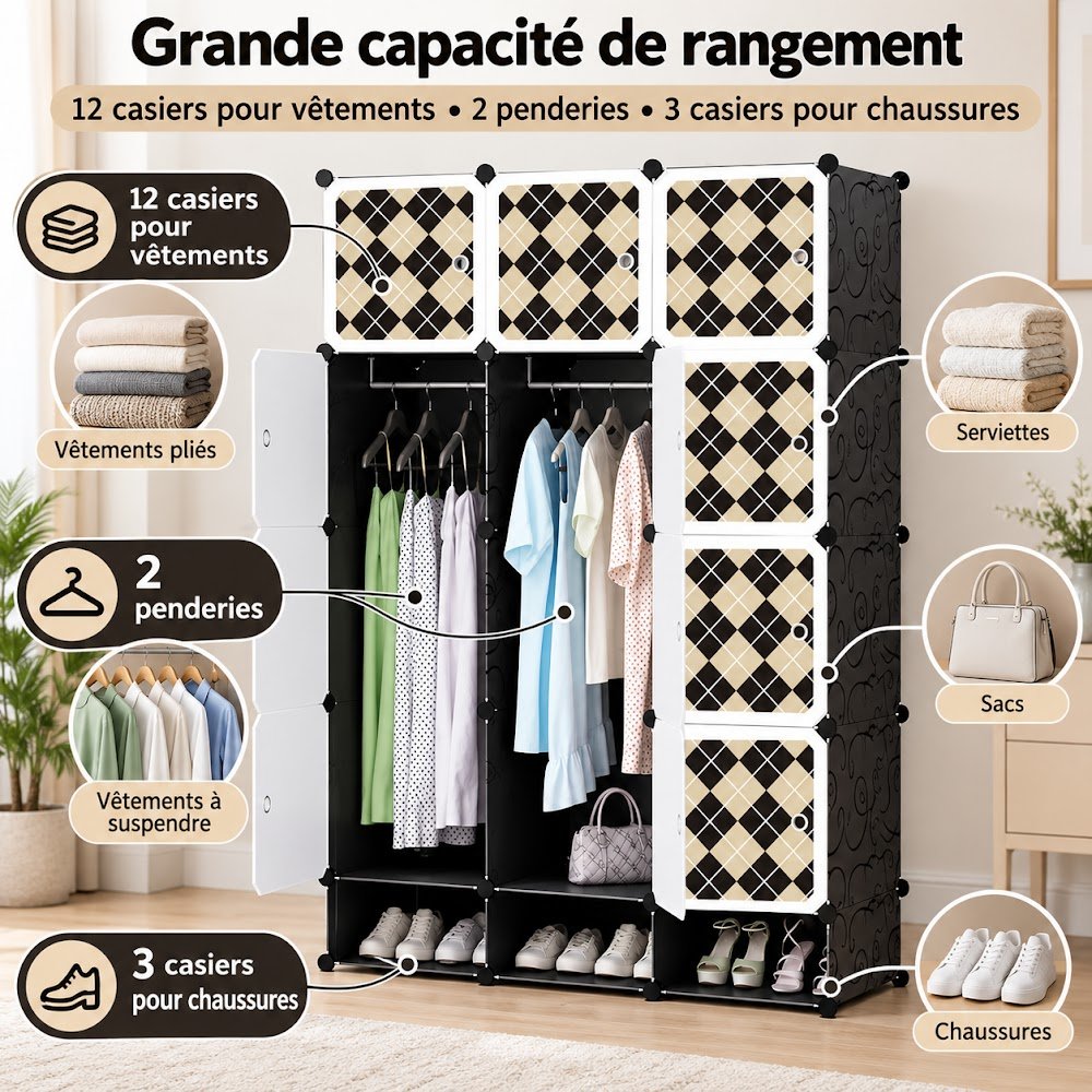 Armoire de Rangement Modulable 12 Cubes avec Porte-Chaussures — 2 Penderies, 12 Casiers et 3 Casiers à Chaussures - photo 2