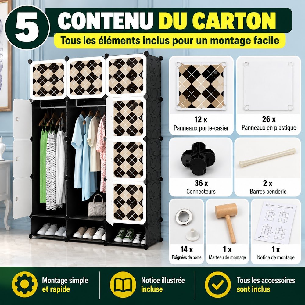 Armoire de Rangement Modulable 12 Cubes avec Porte-Chaussures — 2 Penderies, 12 Casiers et 3 Casiers à Chaussures - photo 5