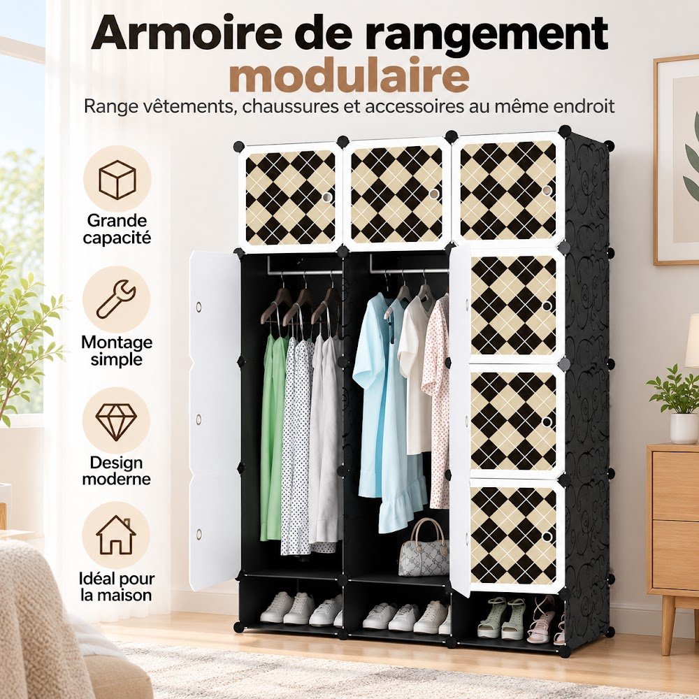 Armoire de Rangement Modulable 12 Cubes avec Porte-Chaussures — 2 Penderies, 12 Casiers et 3 Casiers à Chaussures