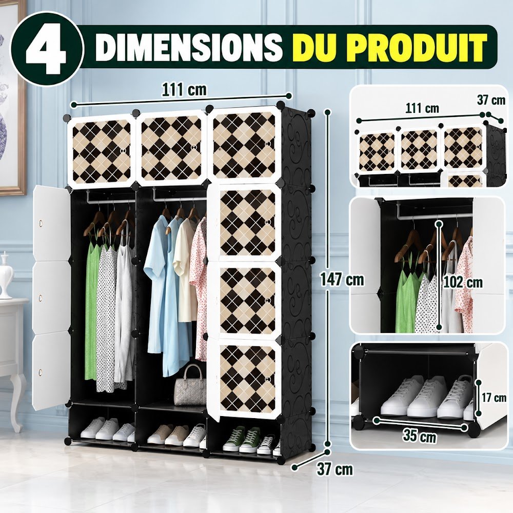 Armoire de Rangement Modulable 12 Cubes avec Porte-Chaussures — 2 Penderies, 12 Casiers et 3 Casiers à Chaussures - photo 6