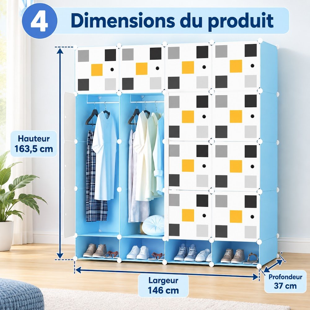 Grande Armoire Modulable 16 Cubes avec Porte-Chaussures 146 cm — 2 Penderies et Casiers pour Toute la Famille - photo 6