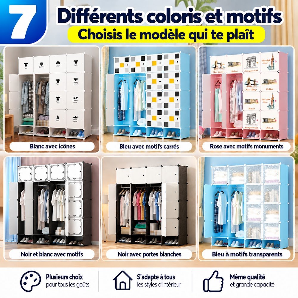 Grande Armoire Modulable 16 Cubes avec Porte-Chaussures 146 cm — 2 Penderies et Casiers pour Toute la Famille - photo 7