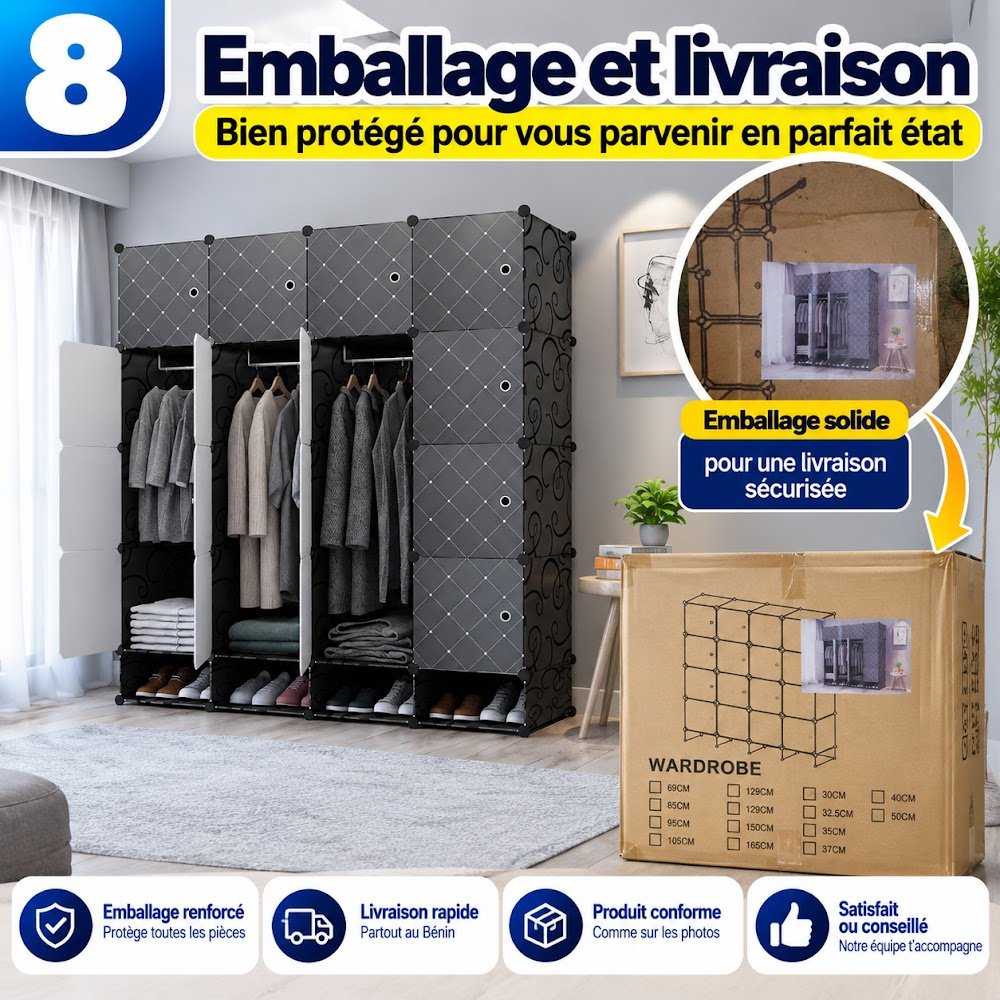 Grande Armoire Modulable 16 Cubes avec Porte-Chaussures 146 cm — 2 Penderies et Casiers pour Toute la Famille - photo 8