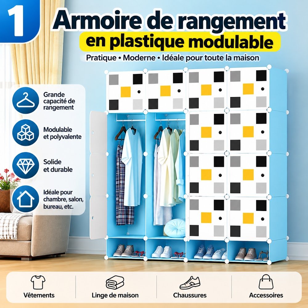 Grande Armoire Modulable 16 Cubes avec Porte-Chaussures 146 cm — 2 Penderies et Casiers pour Toute la Famille