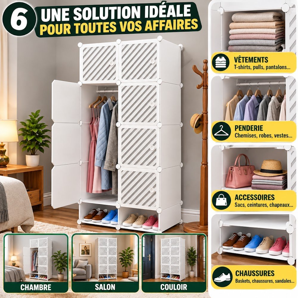 Armoire de Rangement Modulable 8 Cubes avec Porte-Chaussures — Penderie, Casiers Fermés et Chaussures dans 75 cm - photo 3