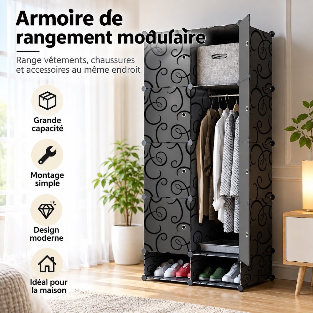 Armoire de Rangement Modulable 8 Cubes avec Porte-Chaussures — Penderie, Casiers Fermés et Chaussures dans 75 cm - photo 5