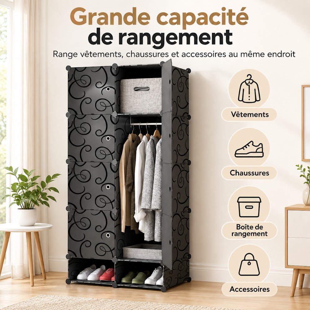 Armoire de Rangement Modulable 8 Cubes avec Porte-Chaussures — Penderie, Casiers Fermés et Chaussures dans 75 cm - photo 6