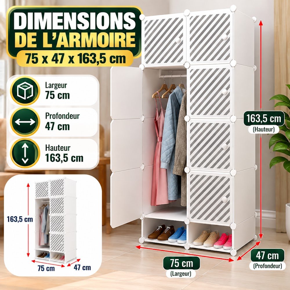 Armoire de Rangement Modulable 8 Cubes avec Porte-Chaussures — Penderie, Casiers Fermés et Chaussures dans 75 cm - photo 4