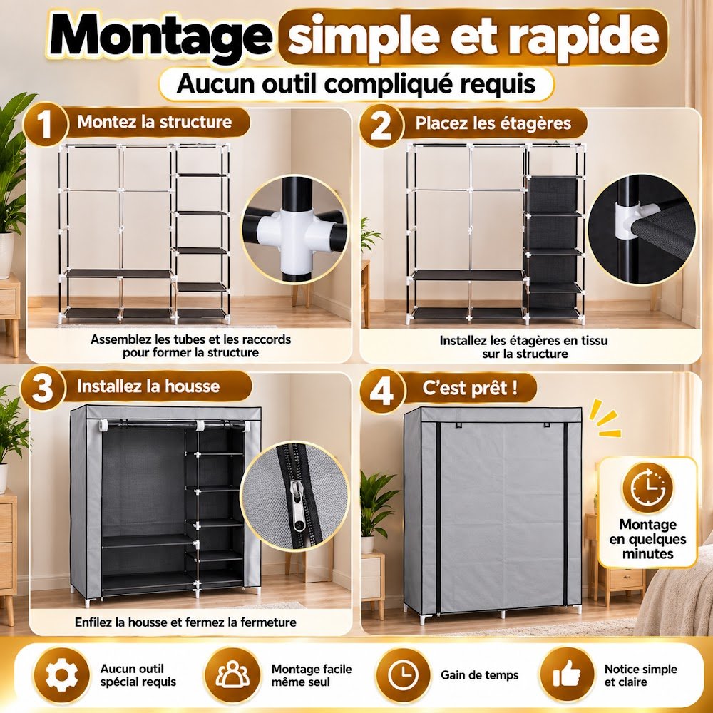 Armoire de Rangement en Tissu 2 Battants — Penderie + Étagères, Vêtements à l'Abri de la Poussière - photo 5