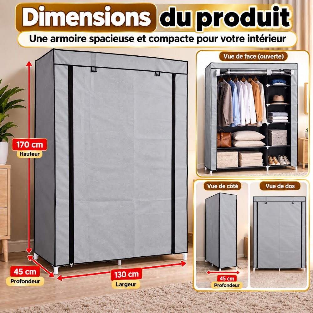 Armoire de Rangement en Tissu 2 Battants — Penderie + Étagères, Vêtements à l'Abri de la Poussière - photo 6