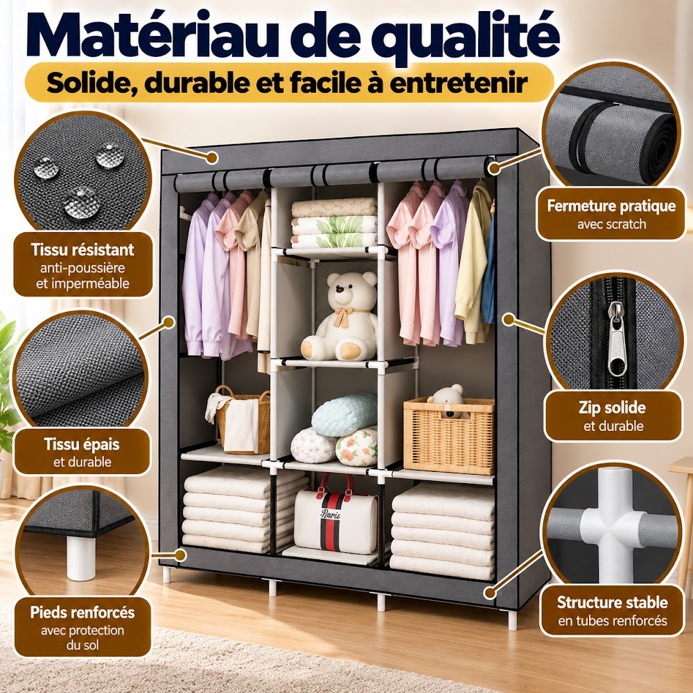 Armoire de Rangement en Tissu 3 Battants — Double Penderie + Étagères, Toute la Garde-Robe à l'Abri - photo 4