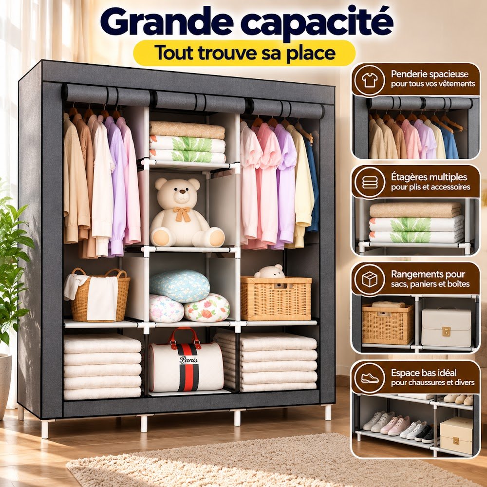 Armoire de Rangement en Tissu 3 Battants — Double Penderie + Étagères, Toute la Garde-Robe à l'Abri - photo 2