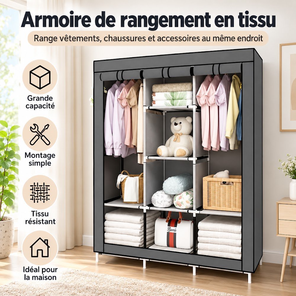 Armoire de Rangement en Tissu 3 Battants — Double Penderie + Étagères, Toute la Garde-Robe à l'Abri