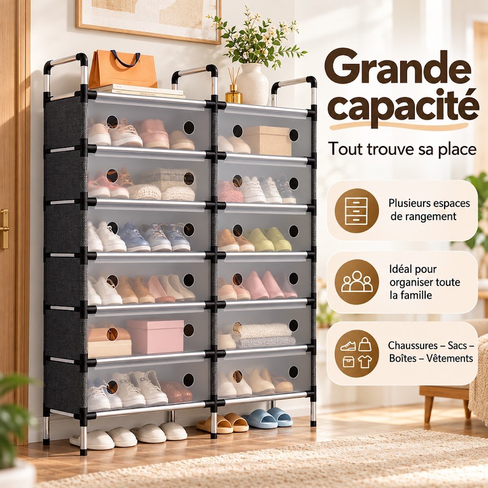 Étagère à Chaussures Anti-Poussière 2 Battants — 2 Colonnes de Rangement Fermé pour Toute la Famille