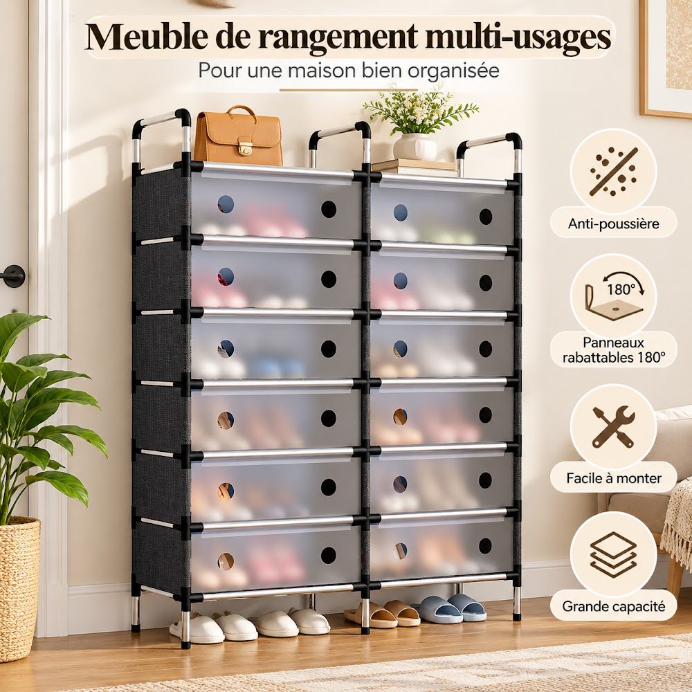 Étagère à Chaussures Anti-Poussière 2 Battants — 2 Colonnes de Rangement Fermé pour Toute la Famille - photo 2