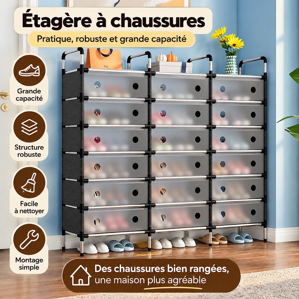 Étagère à Chaussures Anti-Poussière 3 Battants — 3 Colonnes de Rangement Fermé pour les Chaussures de Toute la Famille