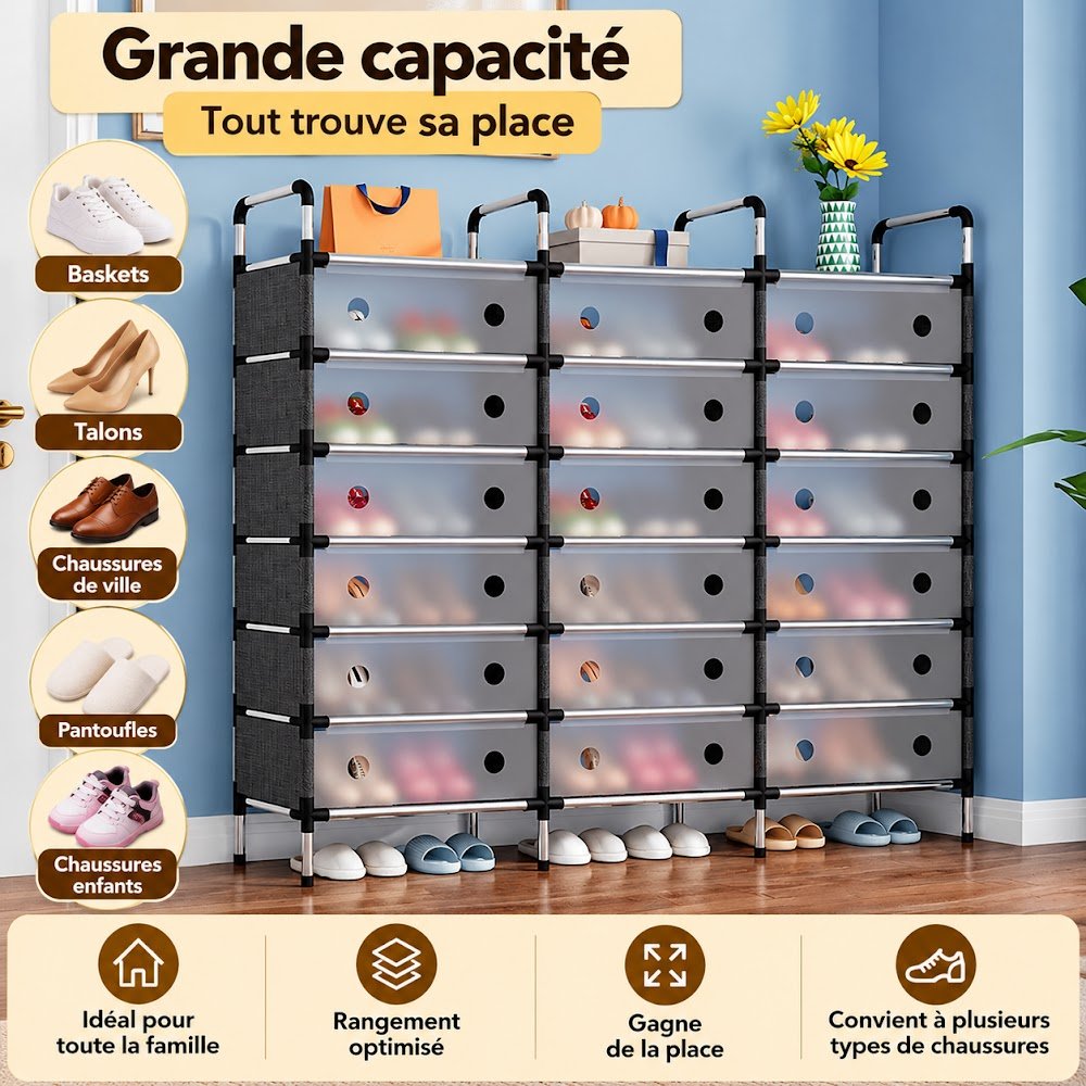 Étagère à Chaussures Anti-Poussière 3 Battants — 3 Colonnes de Rangement Fermé pour les Chaussures de Toute la Famille - photo 4