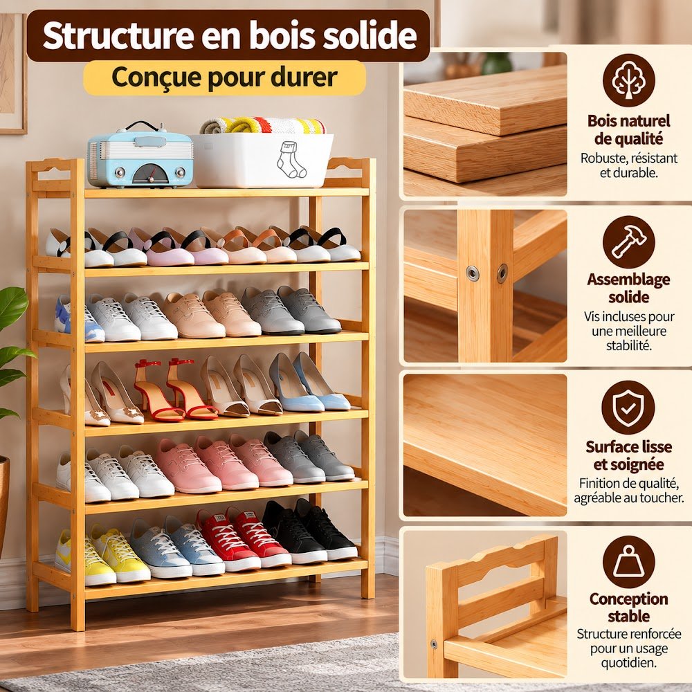 Étagère à Chaussures en Bois 122 cm — Grande Capacité, Structure Solide pour Toute la Famille - photo 3