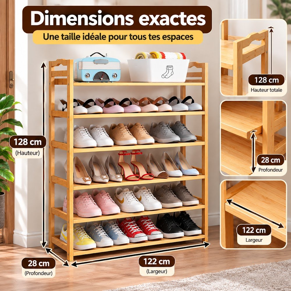 Étagère à Chaussures en Bois 122 cm — Grande Capacité, Structure Solide pour Toute la Famille - photo 5