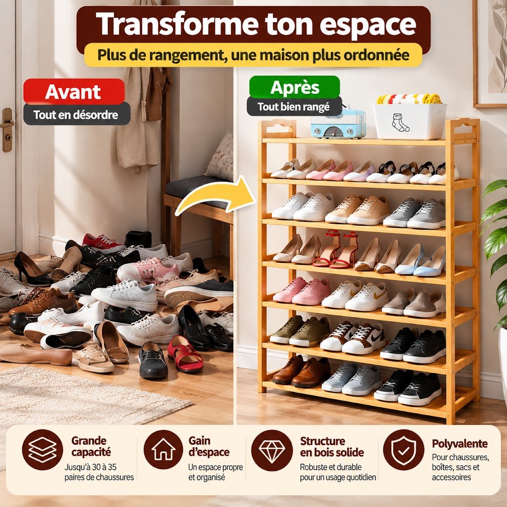 Étagère à Chaussures en Bois 122 cm — Grande Capacité, Structure Solide pour Toute la Famille - photo 2