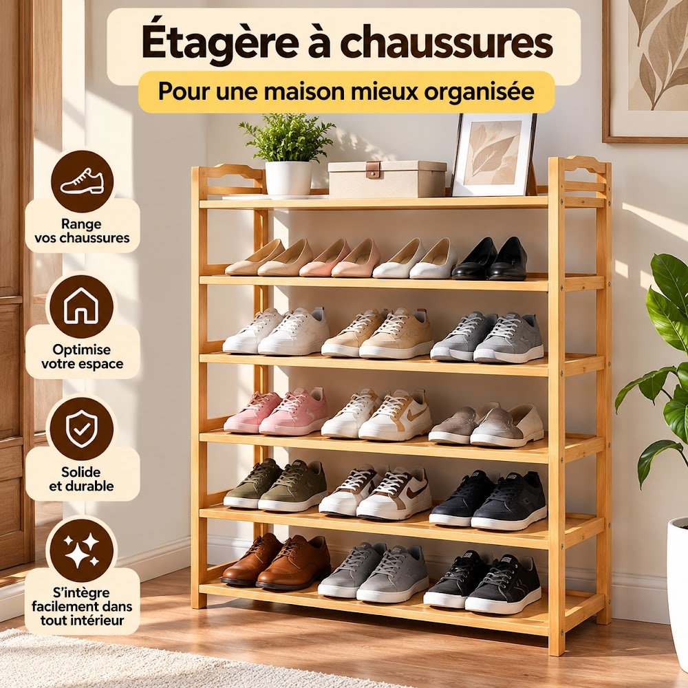 Étagère à Chaussures en Bois 122 cm — Grande Capacité, Structure Solide pour Toute la Famille