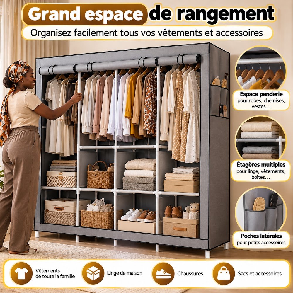 Grande Armoire en Tissu 4 Battants 165 cm — Le Rangement de Toute la Famille dans un Seul Meuble - photo 2
