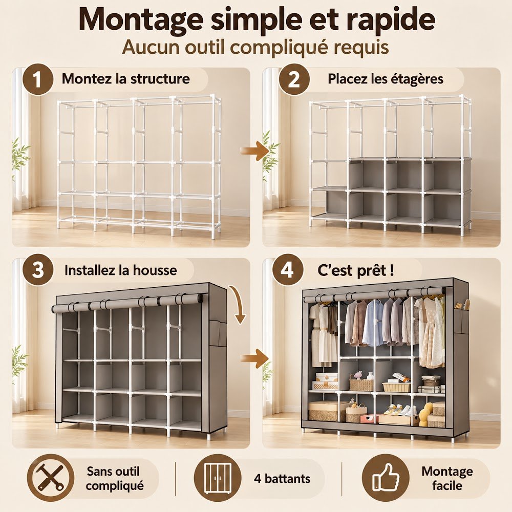 Grande Armoire en Tissu 4 Battants 165 cm — Le Rangement de Toute la Famille dans un Seul Meuble - photo 4
