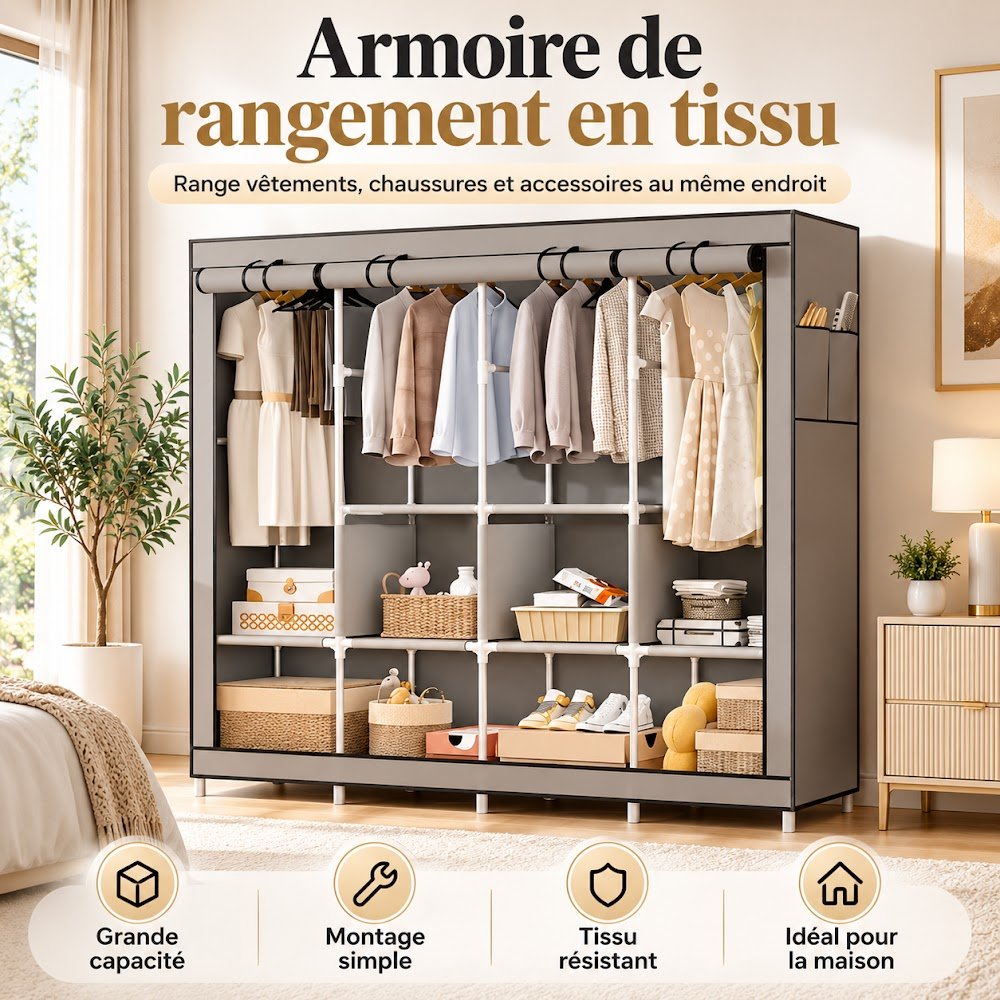 Grande Armoire en Tissu 4 Battants 165 cm — Le Rangement de Toute la Famille dans un Seul Meuble