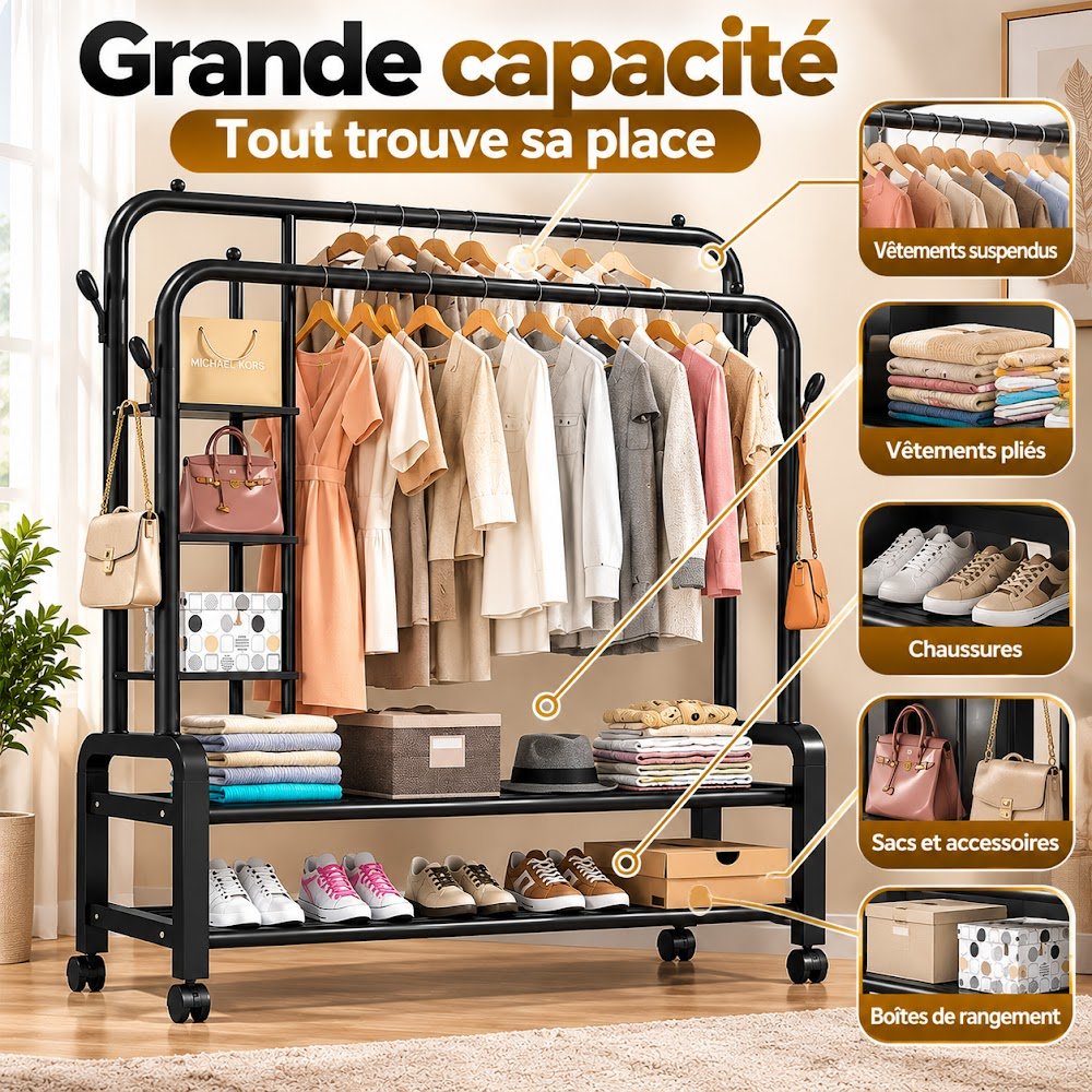 Porte-Manteaux Double Barre à Roulettes — Avec ou Sans Étagères Latérales, Choisissez Votre Modèle - photo 4