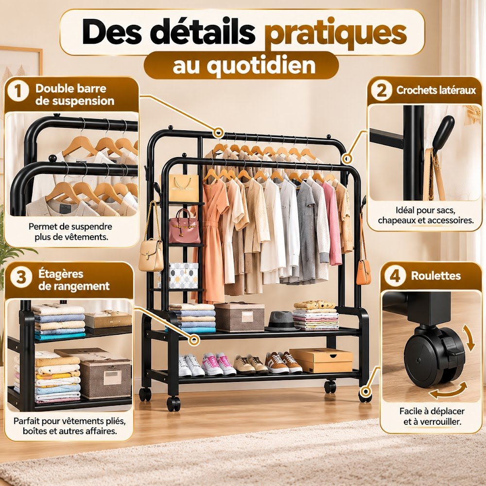 Porte-Manteaux Double Barre à Roulettes — Avec ou Sans Étagères Latérales, Choisissez Votre Modèle - photo 5
