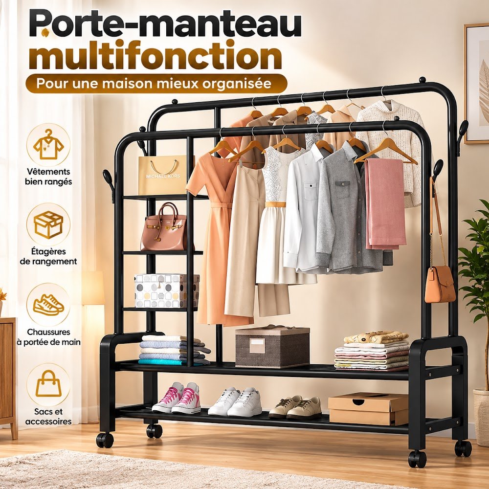 Porte-Manteau Double Barre avec Étagères Latérales — Vêtements, Sacs et Chaussures sur un Seul Meuble