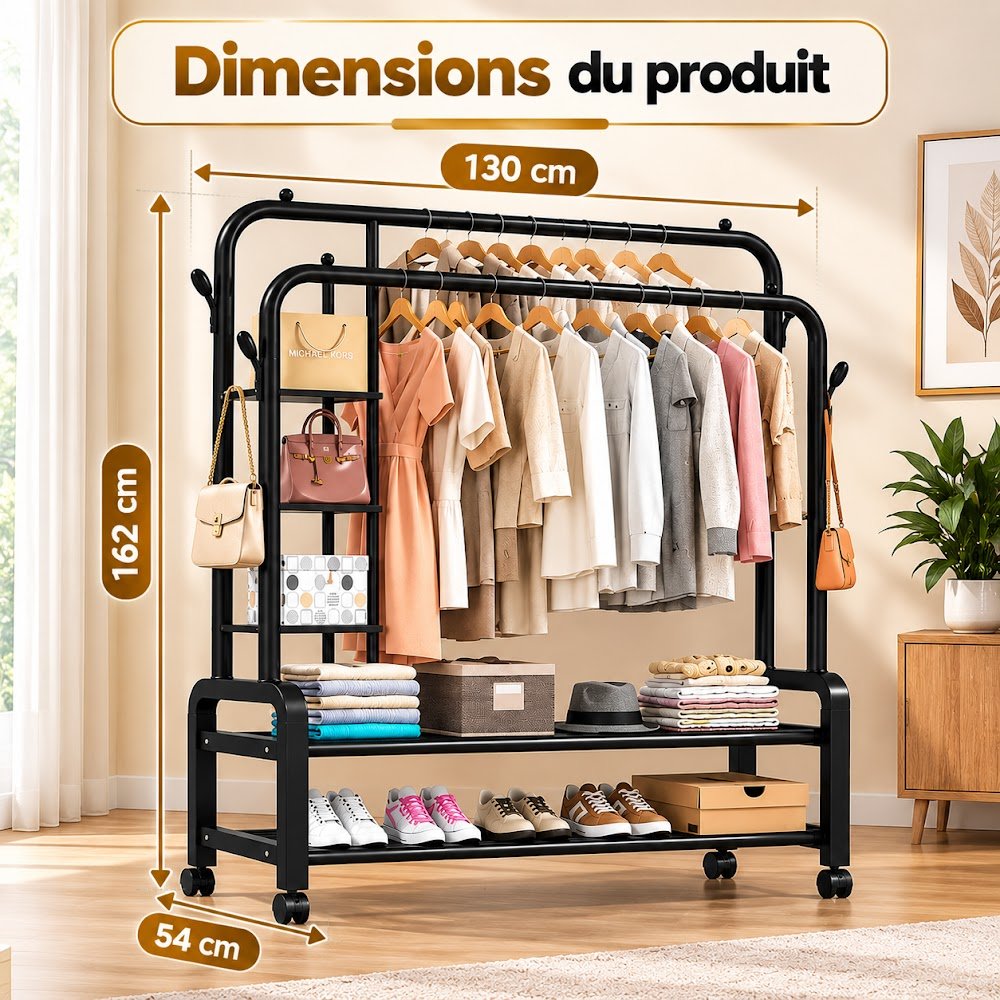 Porte-Manteaux Double Barre à Roulettes — Avec ou Sans Étagères Latérales, Choisissez Votre Modèle - photo 9