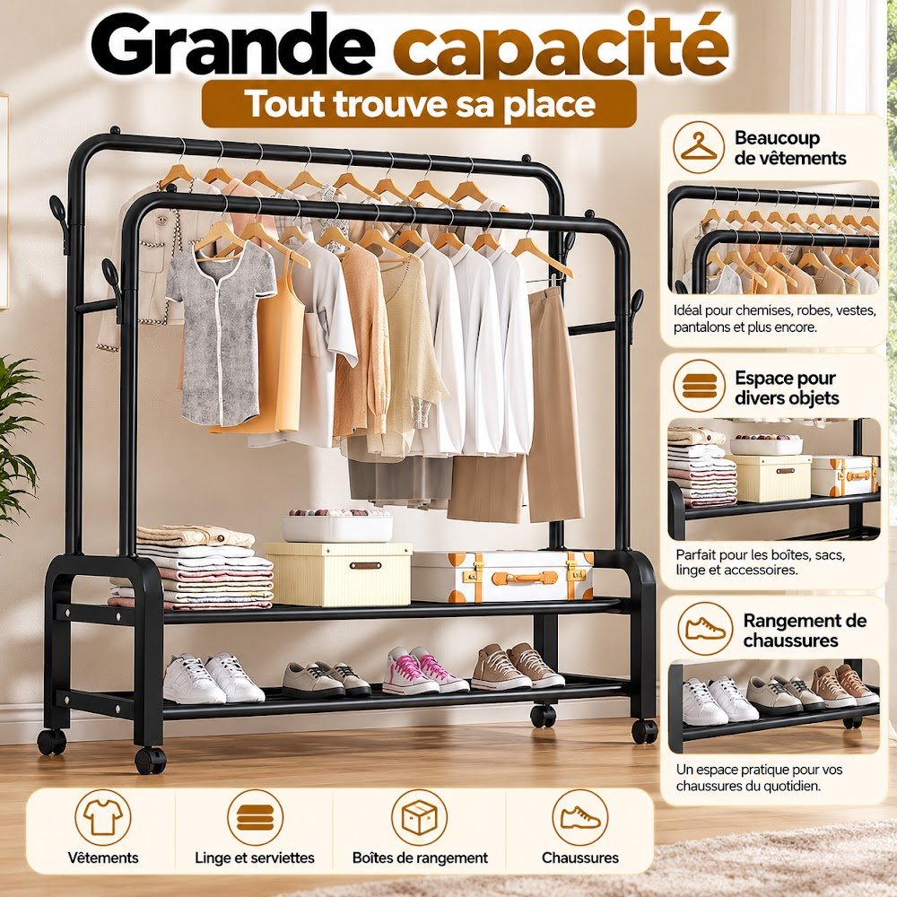 Porte-Manteaux Double Barre à Roulettes — Avec ou Sans Étagères Latérales, Choisissez Votre Modèle - photo 3