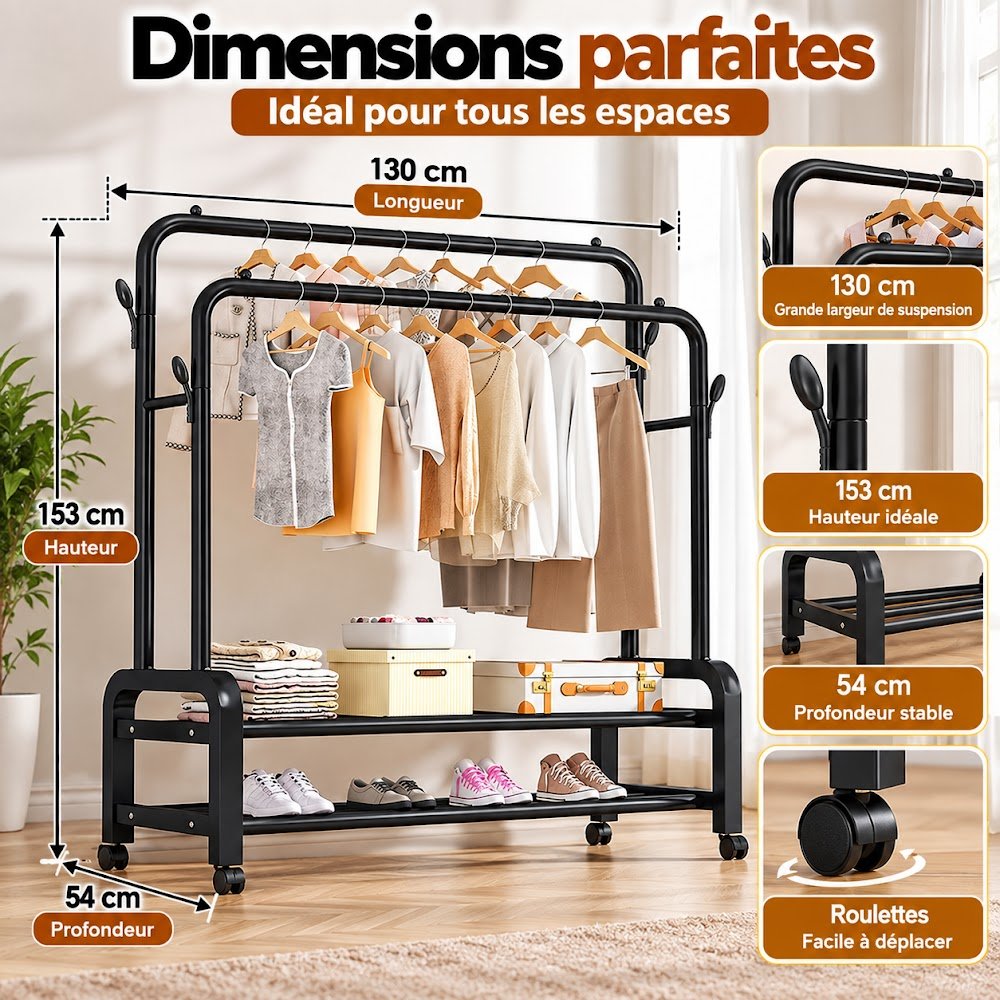 Porte-Manteaux Double Barre à Roulettes — Avec ou Sans Étagères Latérales, Choisissez Votre Modèle - photo 8