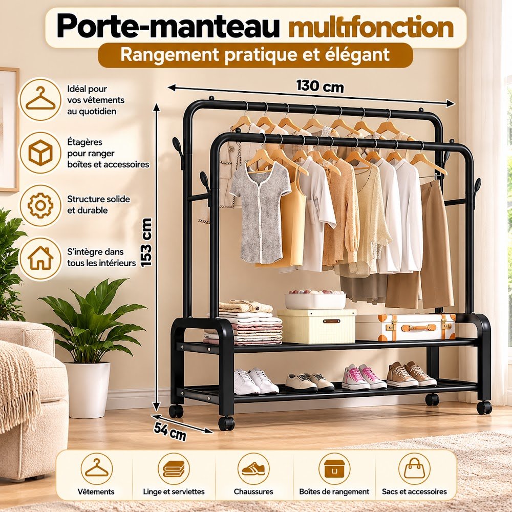 Porte-Manteaux Double Barre à Roulettes — Avec ou Sans Étagères Latérales, Choisissez Votre Modèle